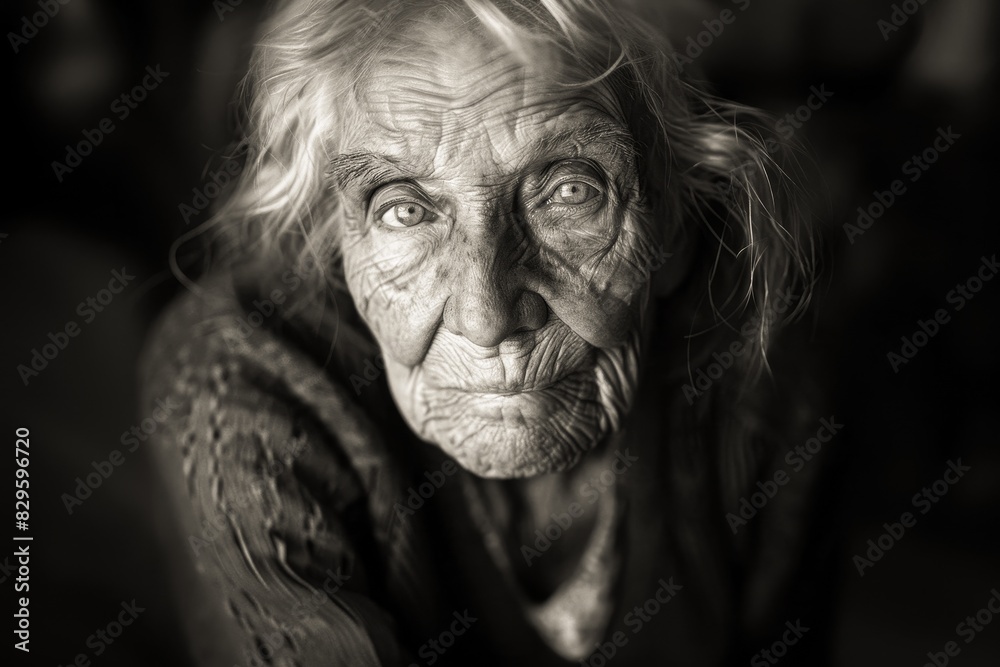 Portrait of a Senior Woman with a Wrinkled Face, Her Eyes Reflecting Wisdom and Loneliness Amidst a Life of Poverty and Struggle Portrait of a Senior Woman with a Wrinkled Face, Her Eyes Reflecting Wisdom and Loneliness Amidst a Life of Poverty and Struggle