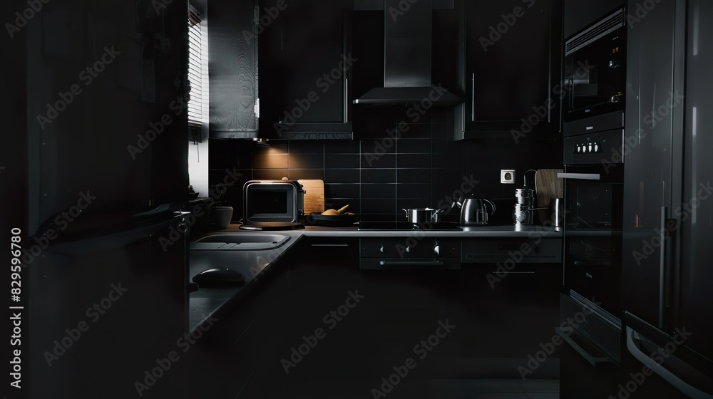 A dark kitchen with a microwave, toaster, and oven A dark kitchen with a microwave, toaster, and oven