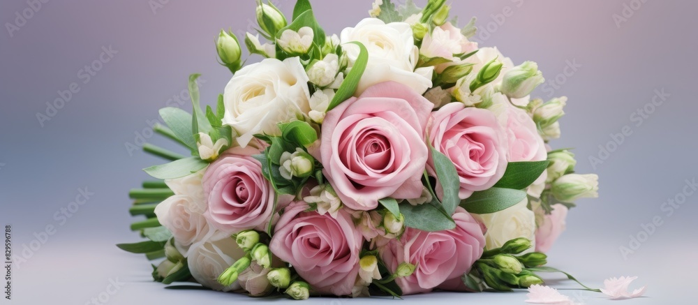 A spring bouquet featuring pink roses white eustoma and green leaves is held by a bride making it ideal for a summer wedding Perfect as a copy space image