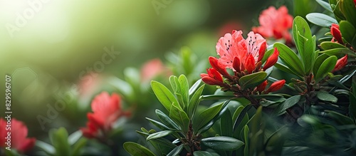 Macro close up of red rhododendron flower buds with a soft blurry green leaves background suitable for copy space image photo
