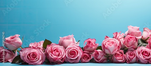 Close up image of a border made of vibrant pink roses against a blue backdrop with copy space