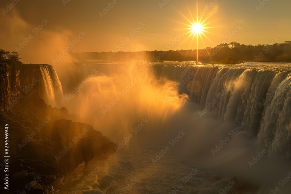 Breathtaking Waterfall at Sunset - A Picturesque Natural Wonder in the Golden Hour - Sunlight over a Cascading River, Reflecting the Majestic Power of Nature