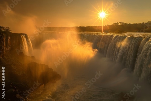 Breathtaking Waterfall at Sunset - A Picturesque Natural Wonder in the Golden Hour - Sunlight over a Cascading River  Reflecting the Majestic Power of Nature