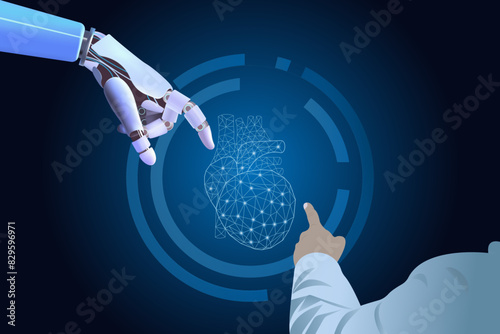 Robot hand and doctor artificial intelligence AI assistance in medical practice.   Innovative technologies in science, medical healthcare