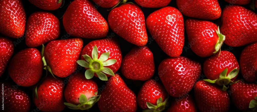 Top view of fresh strawberries with selective focus visible noise from high ISO in the image with copy space Top view of fresh strawberries with selective focus visible noise from high ISO in the image with copy space