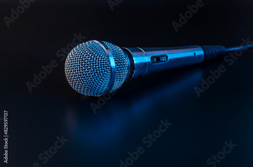 microphone on a black background with blue backlight