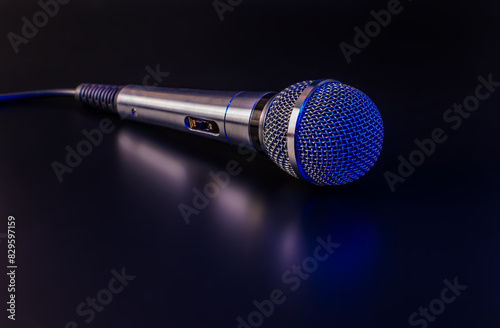 microphone on a black background with blue backlight
