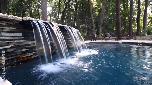 A pool with a floating waterfall feature, creating a gentle cascade into the water