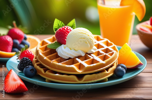 Round waffles with ice cream and powdered on a background of palm trees and juice. The concept of delicious breakfasts in a hotel by the sea. Fresh pastries with strawberries and raspberries on a trop photo