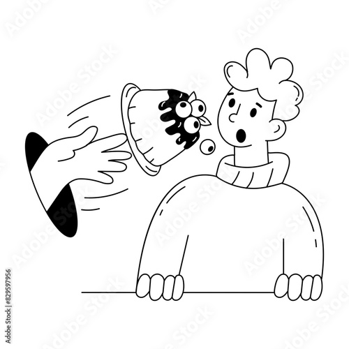 A well-designed doodle mini illustration of throwing cake 