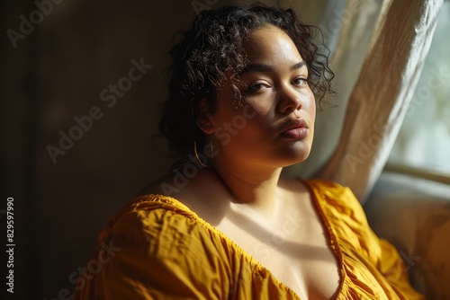 A plus-sized model in a yellow dress gazing thoughtfully out a window