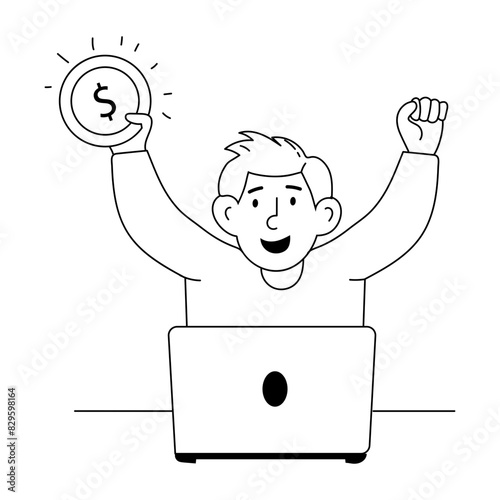Earning profit happiness, doodle mini illustration