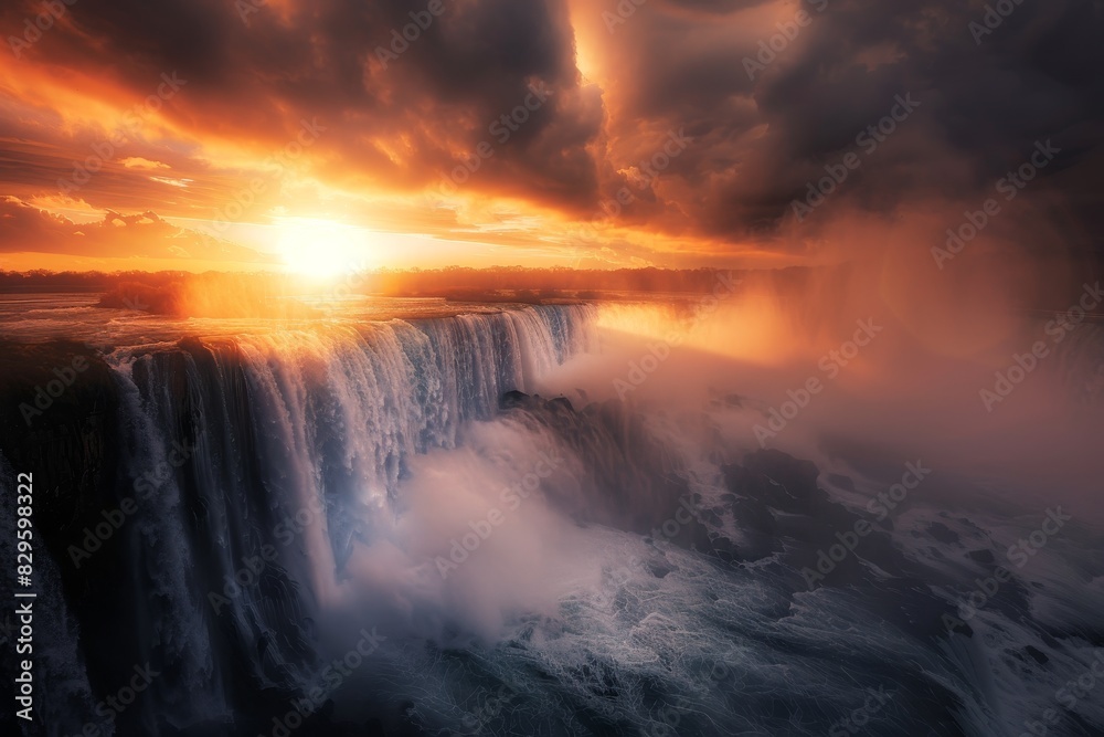 Fototapeta premium Breathtaking Waterfall at Sunset - A Picturesque Natural Wonder in the Golden Hour - Sunlight over a Cascading River, Reflecting the Majestic Power of Nature