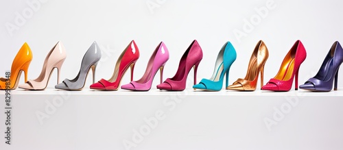 Colorful high heeled women s shoes on a white backdrop with space for text or images. Copy space image. Place for adding text and design
