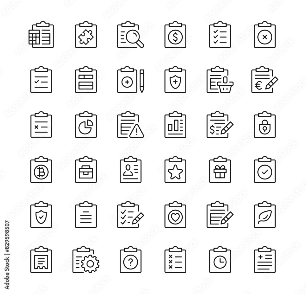 Clipboard icon set. Vector line icons. Black outline stroke symbols Clipboard icon set. Vector line icons. Black outline stroke symbols