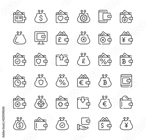Wallet icons set. Vector line icons. Black outline stroke symbols