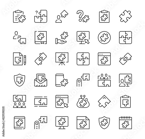 Puzzle icons set. Vector line icons. Black outline stroke symbols