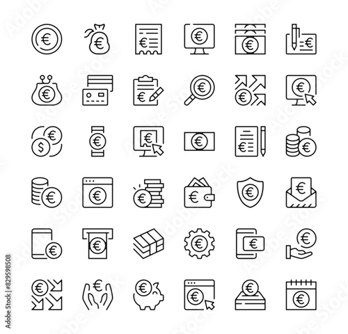 Euro icons set. Vector line icons. Black outline stroke symbols