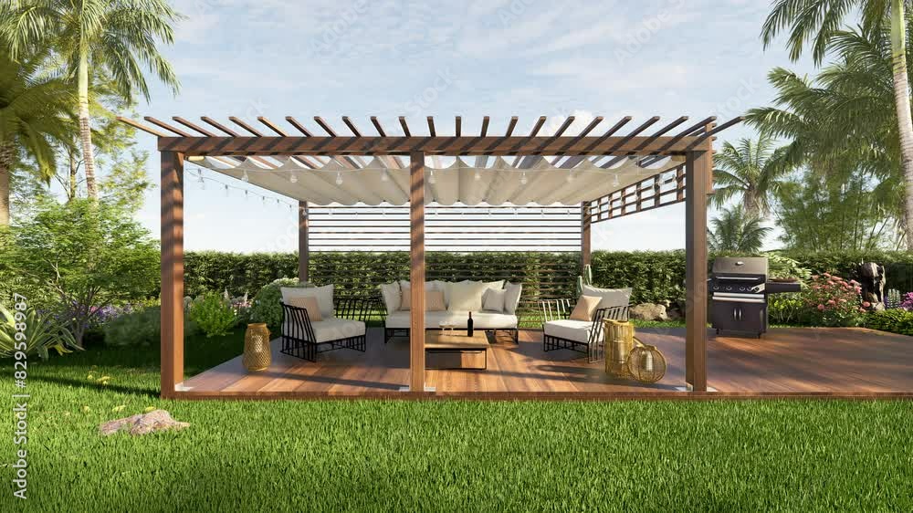 3D illustration clip of a luxury wooden teak deck with bbq grill and ...