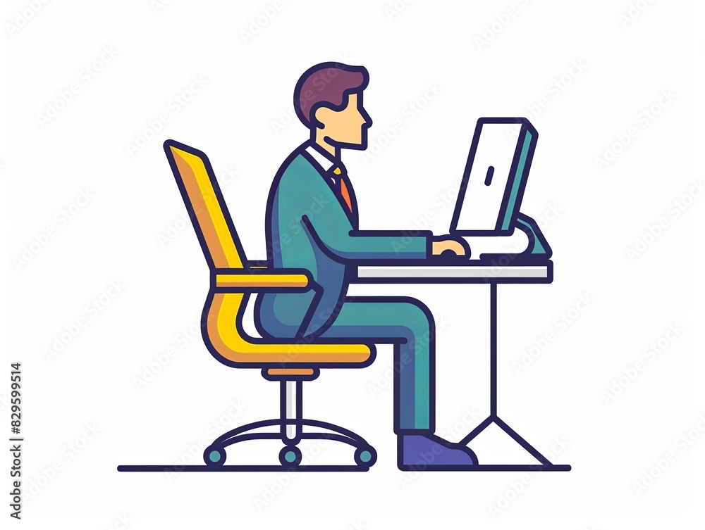 A man is sitting at a desk with a laptop and a yellow chair A man is sitting at a desk with a laptop and a yellow chair