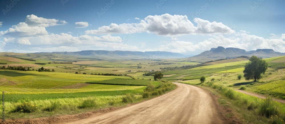 Scenic dirt road winding through agricultural fields in Napier Western Cape South Africa with a scenic copy space image
