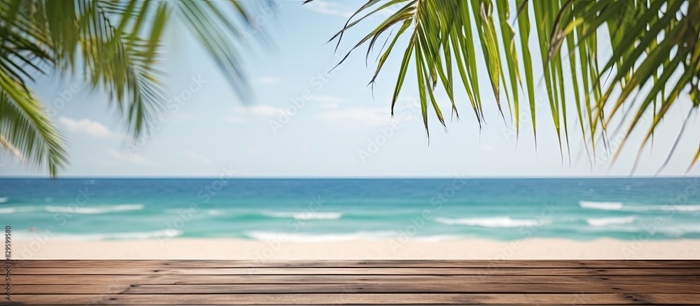 Wooden planks with a blurred beach in the background are suitable for product placement with palm leaves in the foreground providing copy space image opportunity Wooden planks with a blurred beach in the background are suitable for product placement with palm leaves in the foreground providing copy space image opportunity