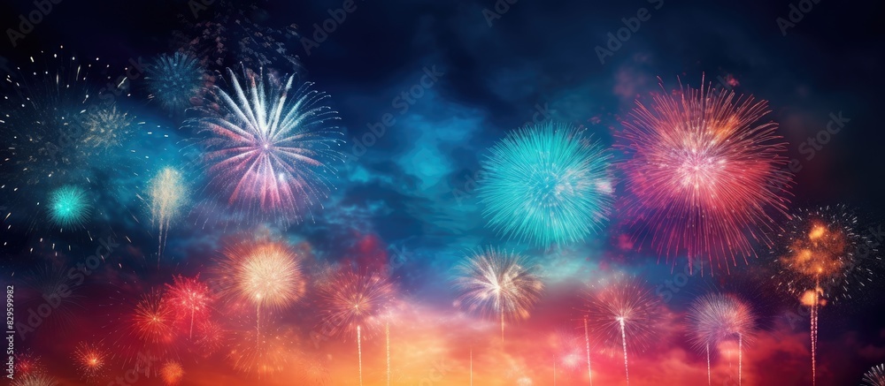 Fototapeta premium A striking display of beautiful fireworks creating an impressive scene with a vibrant burst of colors against the night sky forming a perfect copy space image