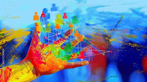 Illustrate a 3D hand holding a collection of people icons, emphasizing network connections in a corporate context, executed in a flat minimalistic style with a soft backdrop