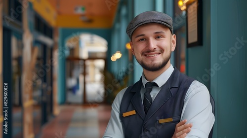 Young Hotel Front Door Greeter Exuding Warmth and Professionalism in Vibrant Lobby photo