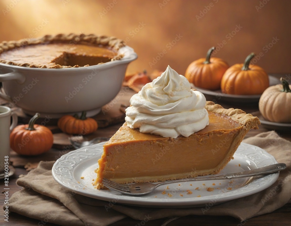 A slice of pumpkin pie with whipped cream on top sits on a plate, surrounded by other pumpkin pies and pumpkins. A slice of pumpkin pie with whipped cream on top sits on a plate, surrounded by other pumpkin pies and pumpkins.