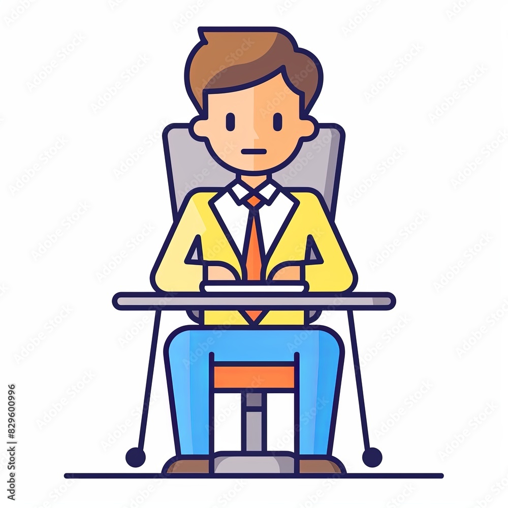 A man in a yellow jacket and blue pants is sitting at a desk with a computer A man in a yellow jacket and blue pants is sitting at a desk with a computer
