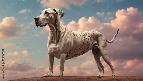 A majestic Great Dane stands on a rugged terrain, gazing into the distance with a serene expression, surrounded by a soft, pastel sky.
