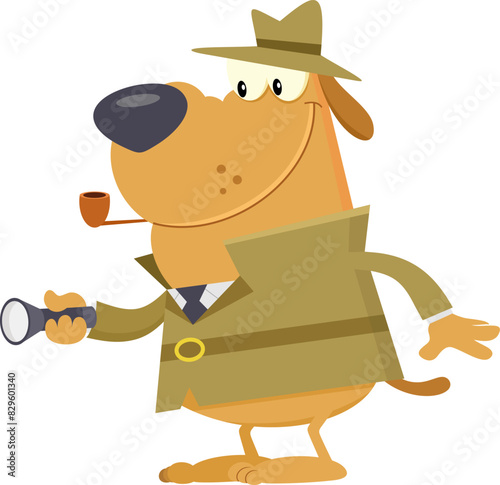 Detective Dog Cartoon Character Holding A Flashlight. Vector Illustration Flat Design Isolated On Transparent Background