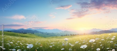 Evening setting with a flower filled grass field and an empty space for text or image insertion. Copy space image. Place for adding text and design