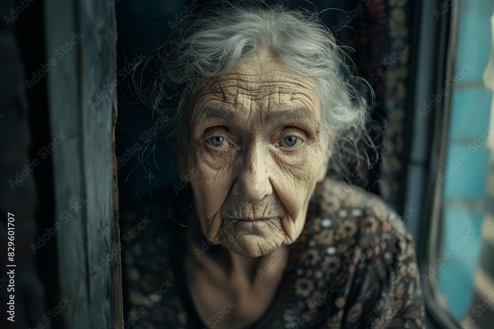 Portrait of a Senior Woman with a Wrinkled Face, Her Eyes Reflecting Wisdom and Loneliness Amidst a Life of Poverty and Struggle