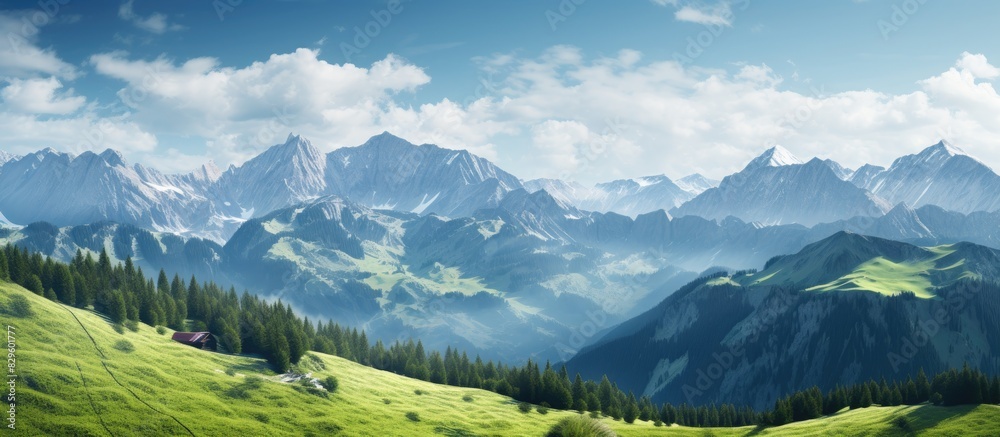 Fototapeta premium Stunning alpine scenery with a snow capped mountain and lush green valleys perfect for a copy space image
