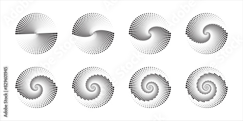 Concentric circles with swirled dotted lines isolated on white background. Circular ripple icons. Whirlpool, tornado, sonar wave, soundwave or signal signs. Vector graphic illustration