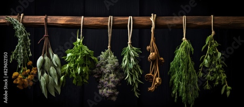 Close up view of edible herb bunches hanging on a curved wooden bar with signed tags against a black background with copy space image