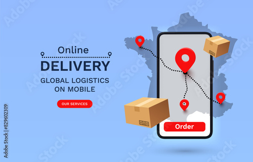 Online Delivery global logistics on mobile, delivery within the France. Vector illustration