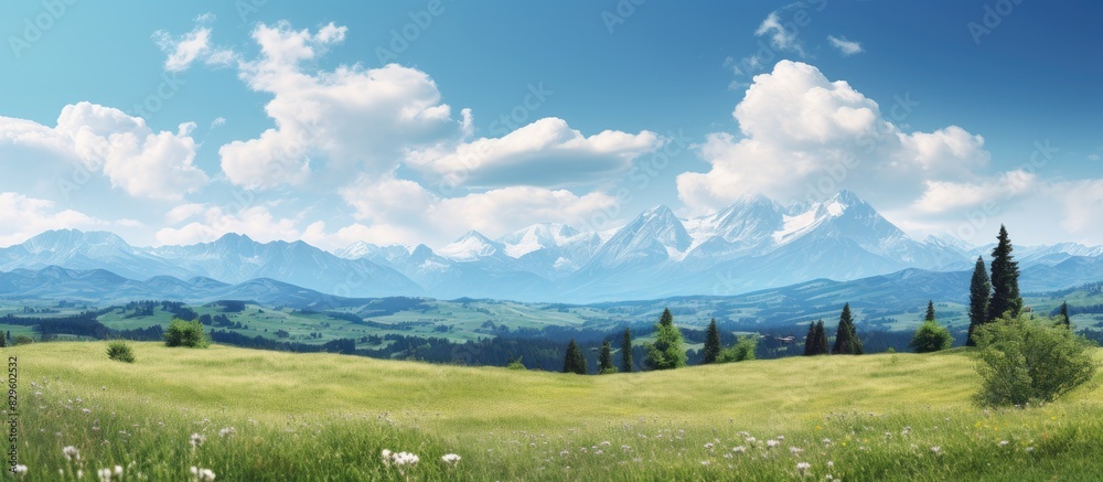 Fototapeta premium Vertical photograph of a springtime mountain landscape under clear skies offering a picturesque view with copy space image