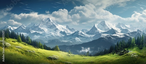 Looking into the distance at towering peaks with spring snow contrasted with the valley below already in spring creates a striking scene. Copy space image. Place for adding text and design © Ilgun