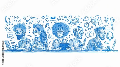 Dynamic Blue Monochrome Illustration of Diverse Professionals Working Together in a Creative Office Environment