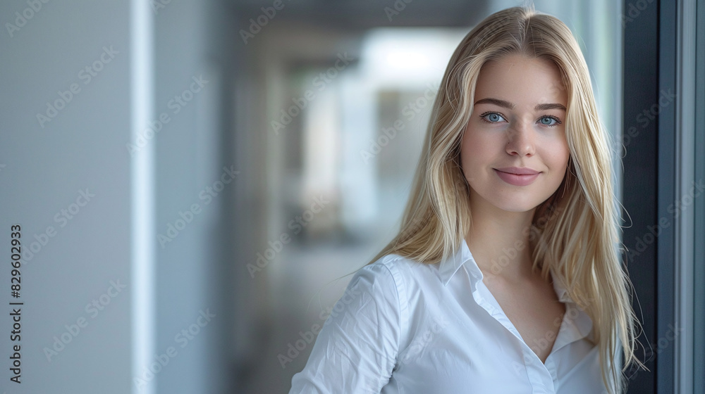 Successful business blonde in a white shirt in the corridor of a modern office Successful business blonde in a white shirt in the corridor of a modern office