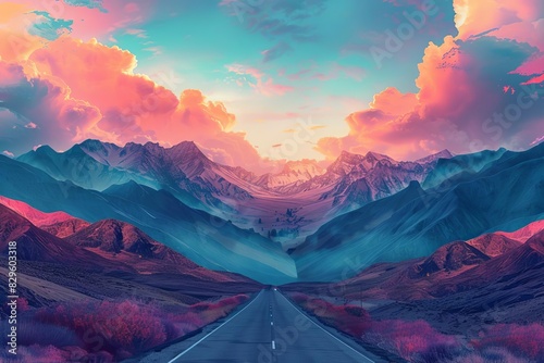 A surreal landscape featuring a road leading to majestic mountains under a vibrant sunset with colorful clouds painted across the sky. #829603318