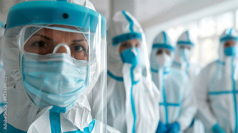 a group of medical workers wearing protective masks are standing in a room. a group of medical workers wearing protective masks are standing in a room.