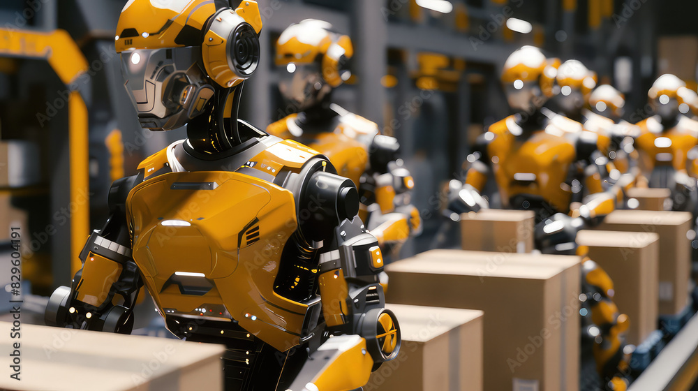 Robots working in a warehouse, sorting packages efficiently Robots working in a warehouse, sorting packages efficiently