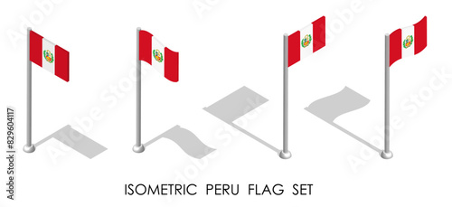 Isometric Peru flag in static position and in motion on flagpole. Peruvian map pin mark. 3d vector isolated on white background