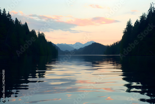 Sunset Serenity: A Tranquil Lake Reflecting the Glorious Hues of Dusk Amidst a Dense Forest