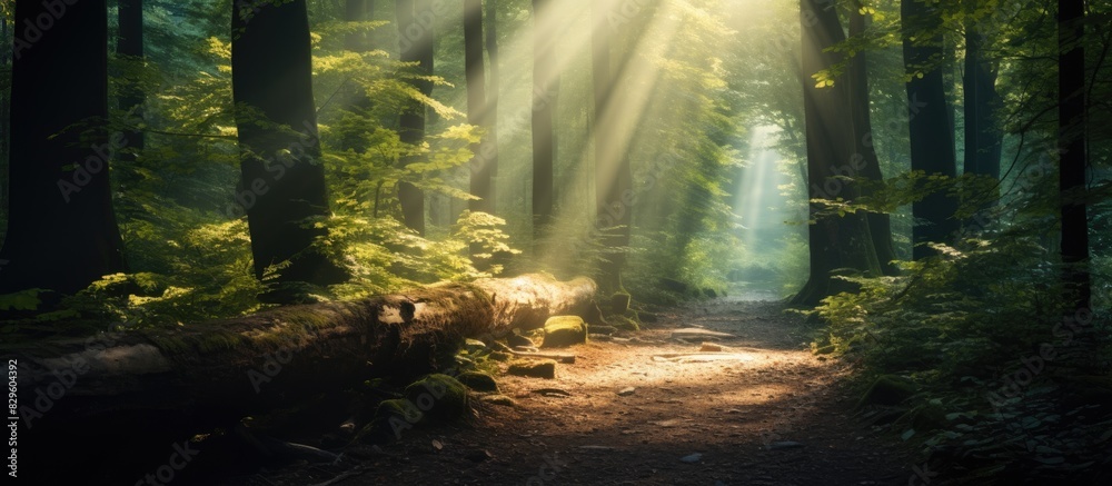 Obraz premium A forest path illuminated by sun rays with a copy space image