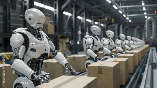 Wallpaper Mural Robots working in a warehouse, handling packages on conveyor belts. Torontodigital.ca